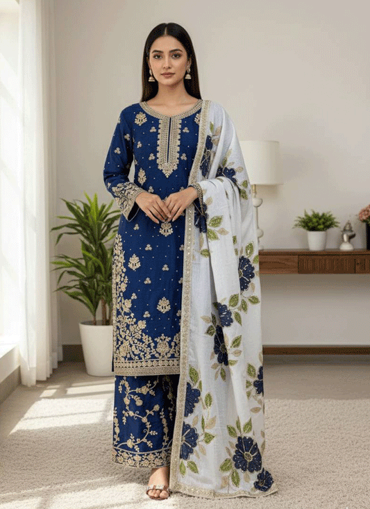 Premium Blue  Embroidered Top and Palazzo with Matching Dupatta