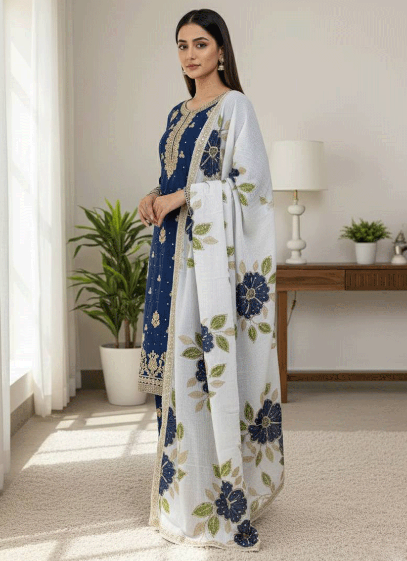 Premium Blue  Embroidered Top and Palazzo with Matching Dupatta