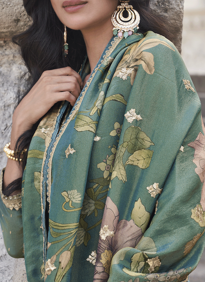 Teal Blue Shimmer Silk Festive Wear Palazzo Suit with Gota Embroidered Detailing