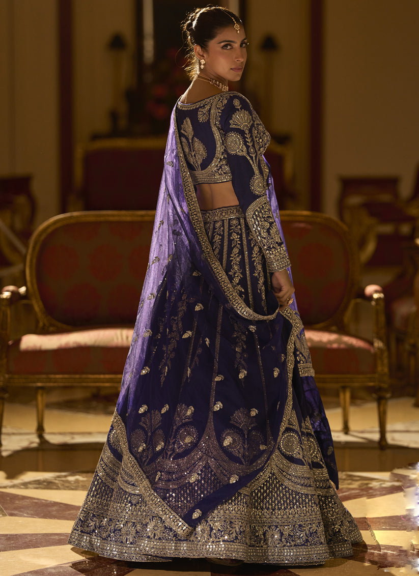 Navy Blue Art Silk Umbrella Lehenga with Embroidered &amp; Mirror Work Wedding Wear Lehenga