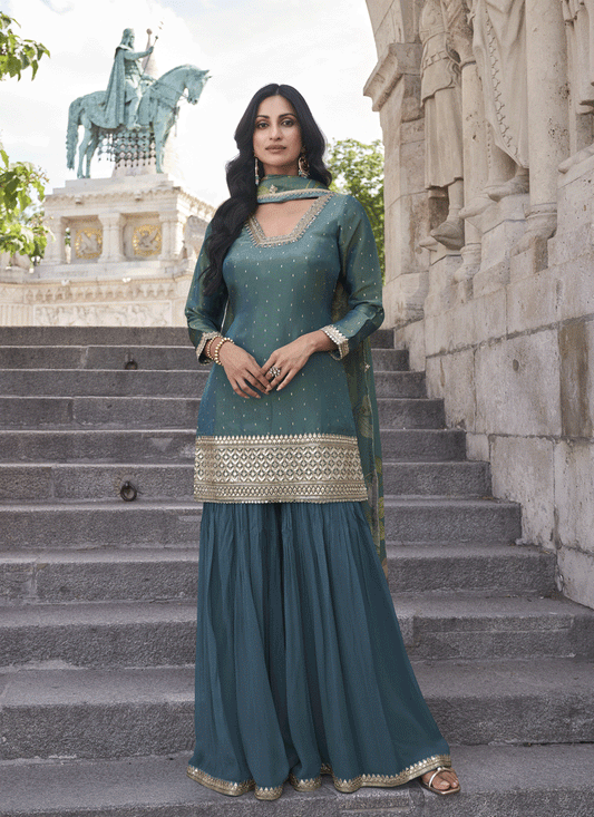 Teal Blue Shimmer Silk Festive Wear Palazzo Suit with Gota Embroidered Detailing