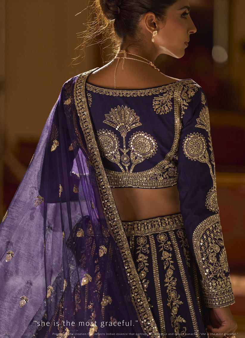 Navy Blue Art Silk Umbrella Lehenga with Embroidered &amp; Mirror Work Wedding Wear Lehenga