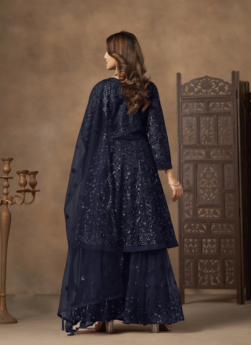 Stunning Midnight Blue Designer Net Sharara Kameez for Memorable Celebrations