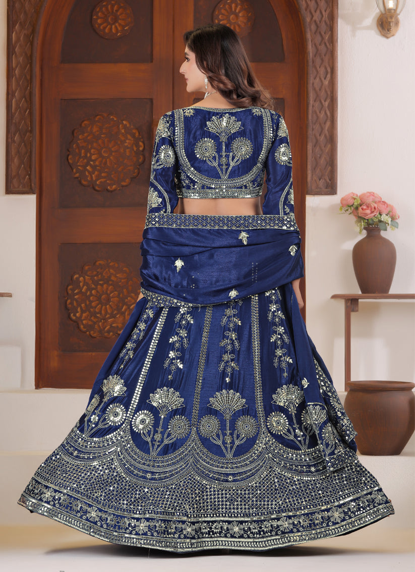 Navy Blue Designer Chinon Silk Lehenga Choli with Sequin & Zari Embroidery