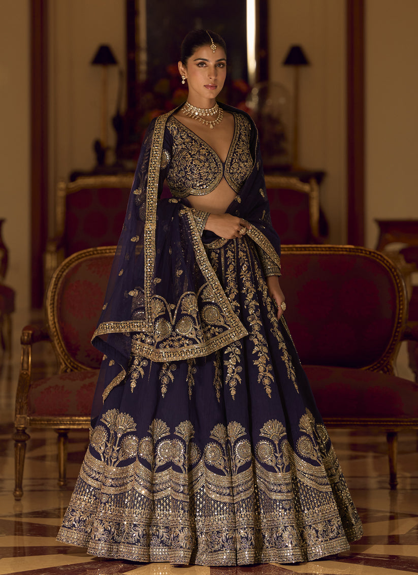 Navy Blue Art Silk Umbrella Lehenga with Embroidered &amp; Mirror Work Wedding Wear Lehenga