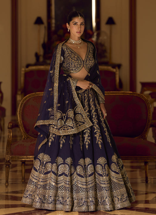 Navy Blue Art Silk Umbrella Lehenga with Embroidered &amp; Mirror Work Wedding Wear Lehenga