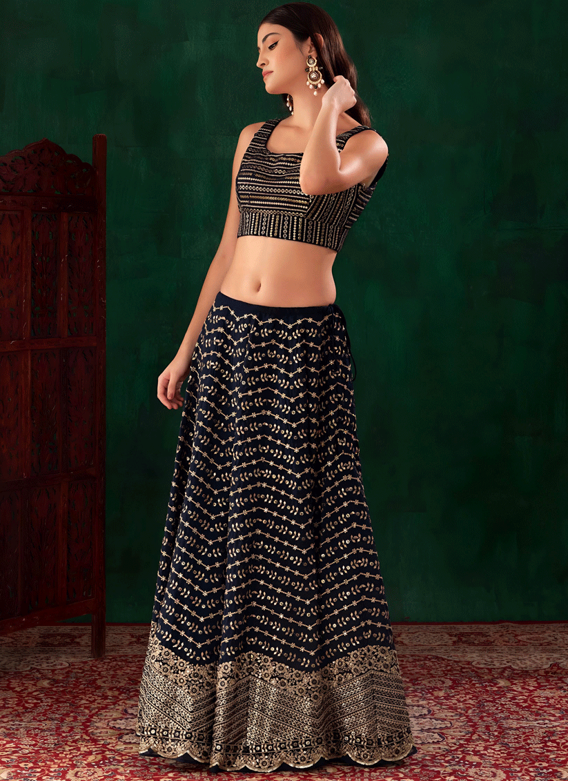 Midnight Blue Premium Embroidered Georgette Lehenga Choli for Wedding Wear