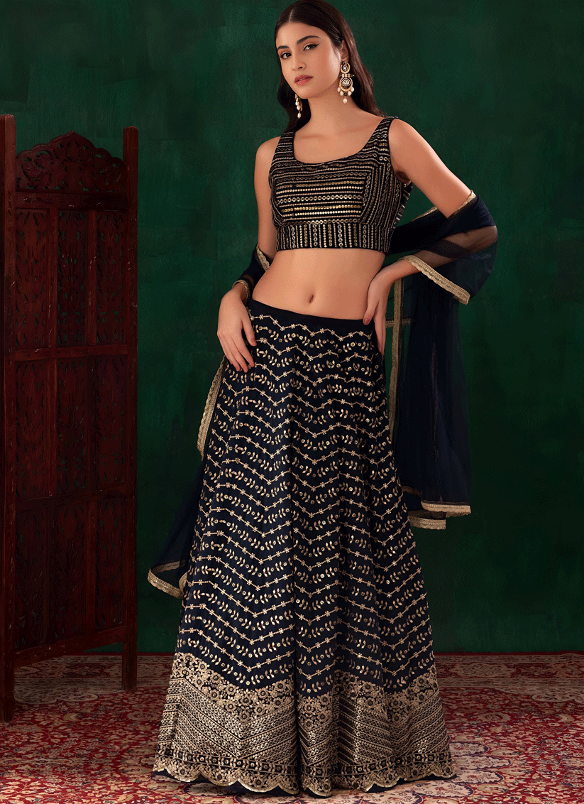 Midnight Blue Premium Embroidered Georgette Lehenga Choli for Wedding Wear