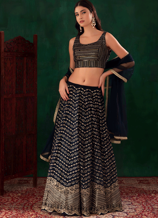 Midnight Blue Premium Embroidered Georgette Lehenga Choli for Wedding Wear