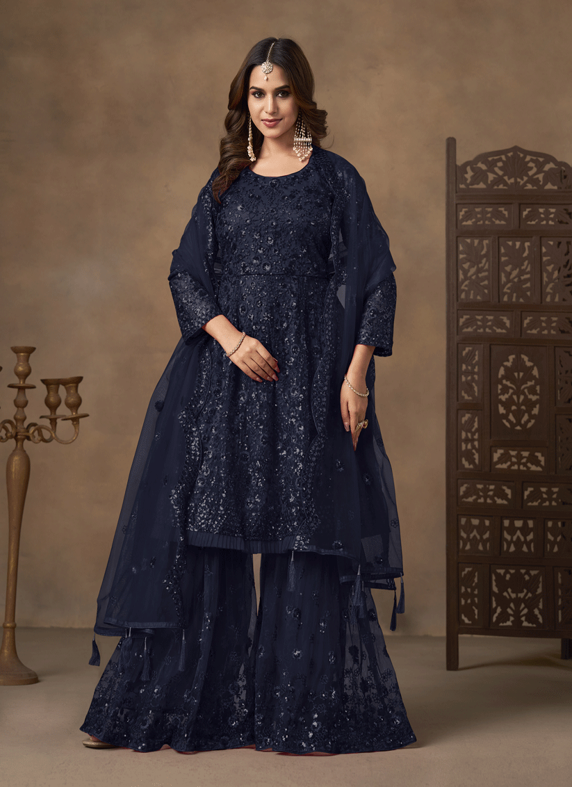 Stunning Midnight Blue Designer Net Sharara Kameez for Memorable Celebrations