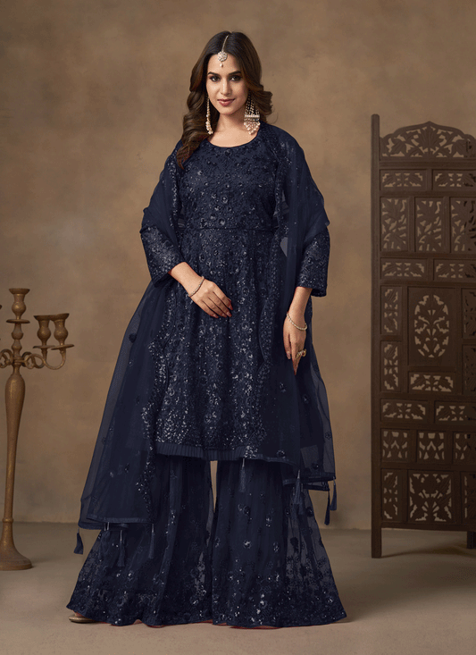 Stunning Midnight Blue Designer Net Sharara Kameez for Memorable Celebrations