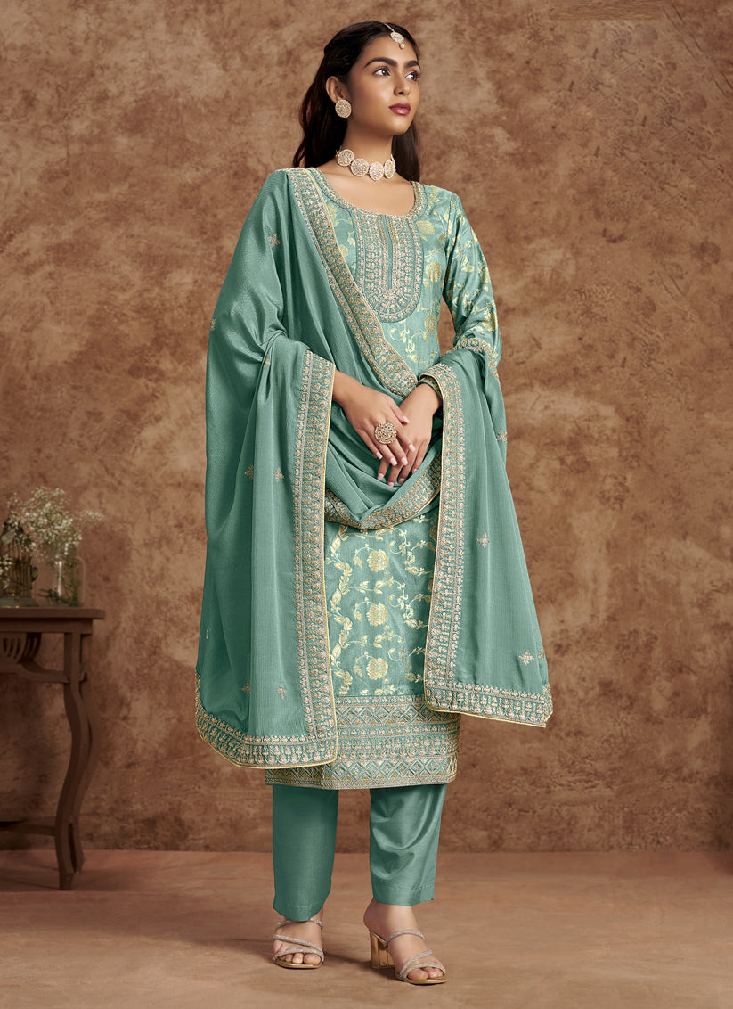 Mint Blue Dola Jacquard & Embroidered  Plus Size Suit