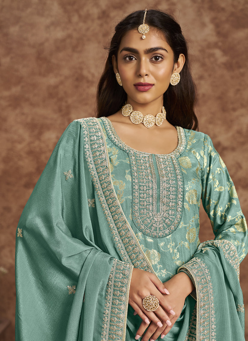 Mint Blue Dola Jacquard & Embroidered  Plus Size Suit