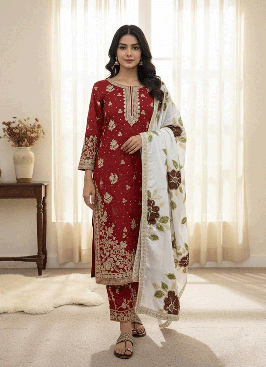 Rich Red Embroidered Top and Palazzo with Matching Dupatta