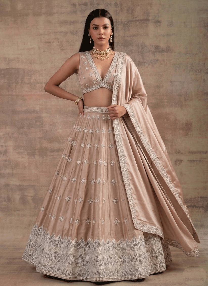 Cream Premium Satin Silk Bridal Lehenga with Intricate Zari Sequins