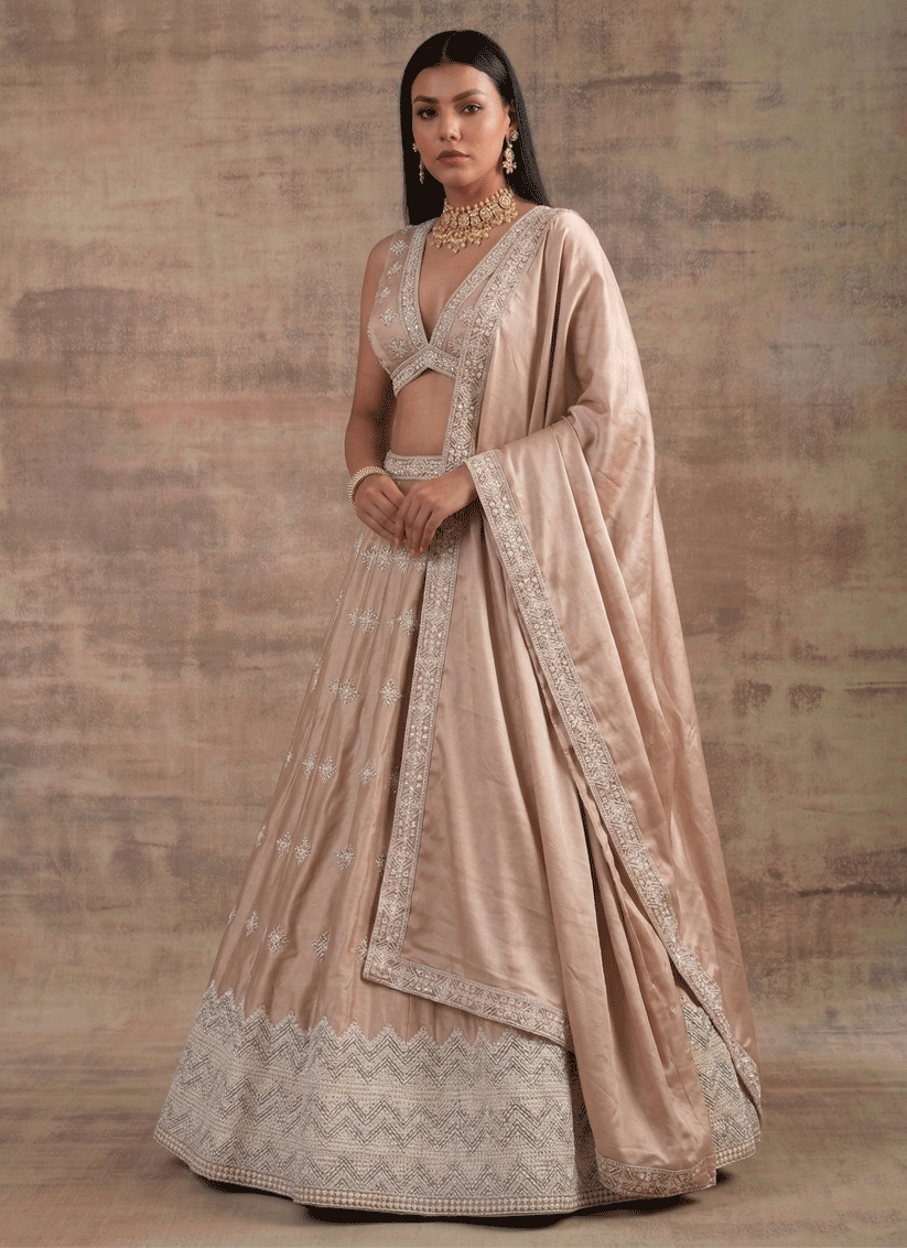 Cream Premium Satin Silk Bridal Lehenga with Intricate Zari Sequins