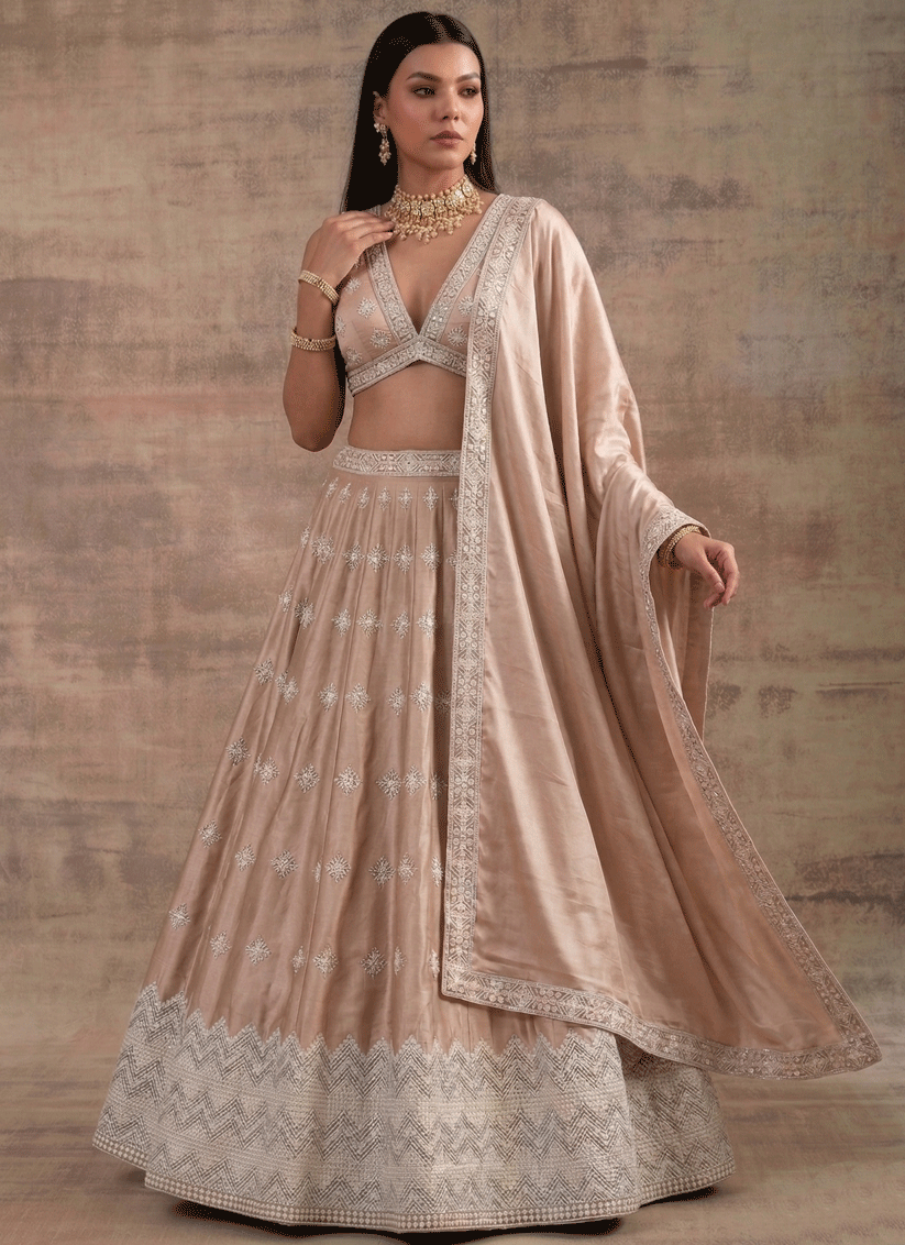Cream Premium Satin Silk Bridal Lehenga with Intricate Zari Sequins