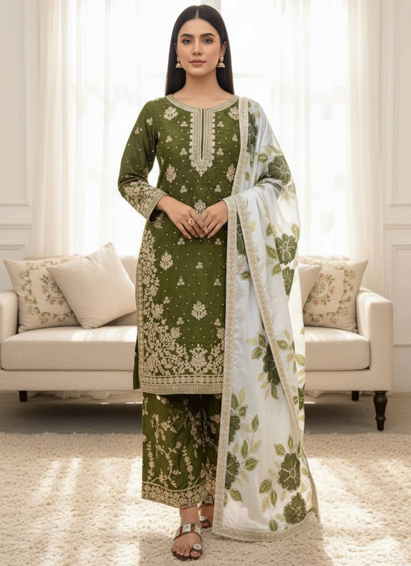 Forest Green  Embroidered Top and Palazzo with Matching Dupatta