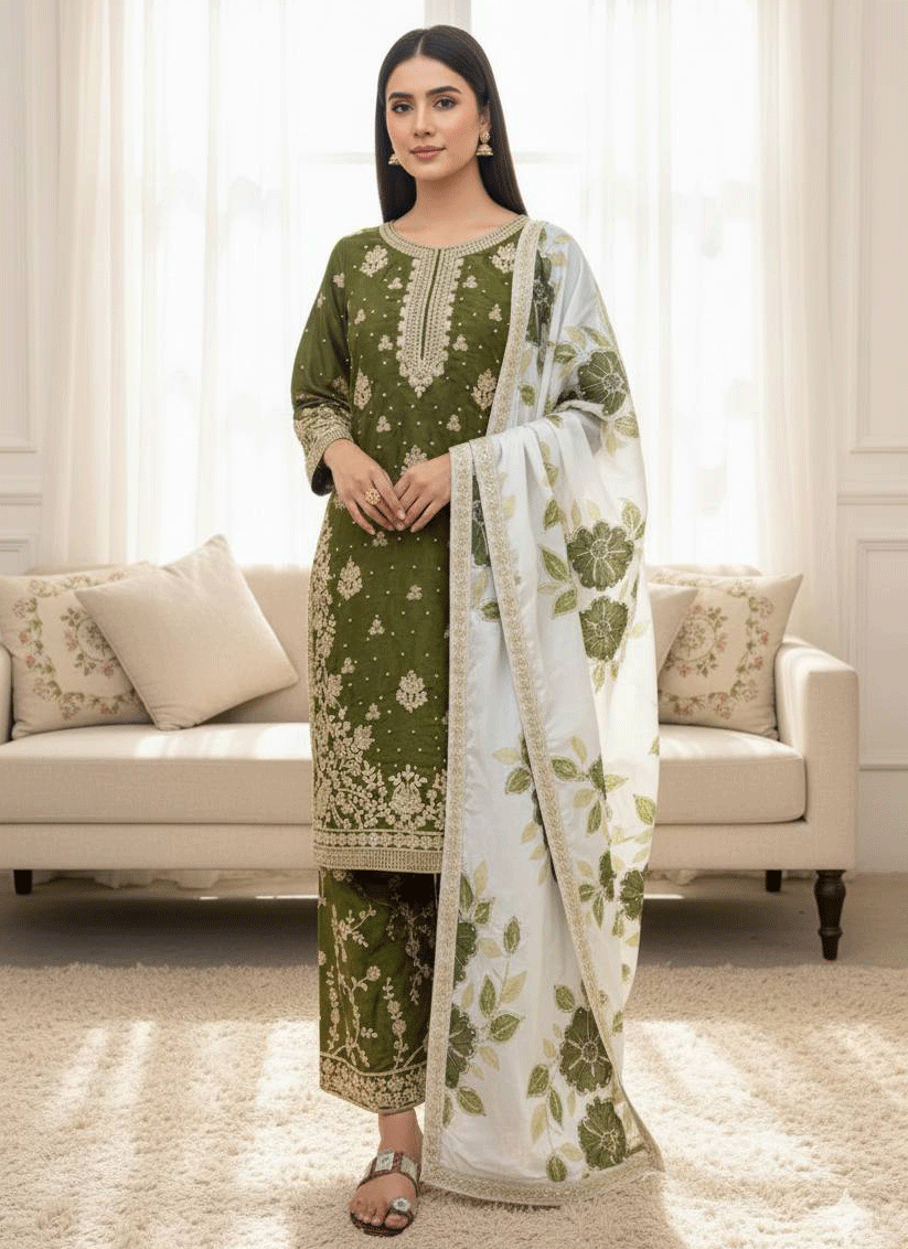 Forest Green  Embroidered Top and Palazzo with Matching Dupatta