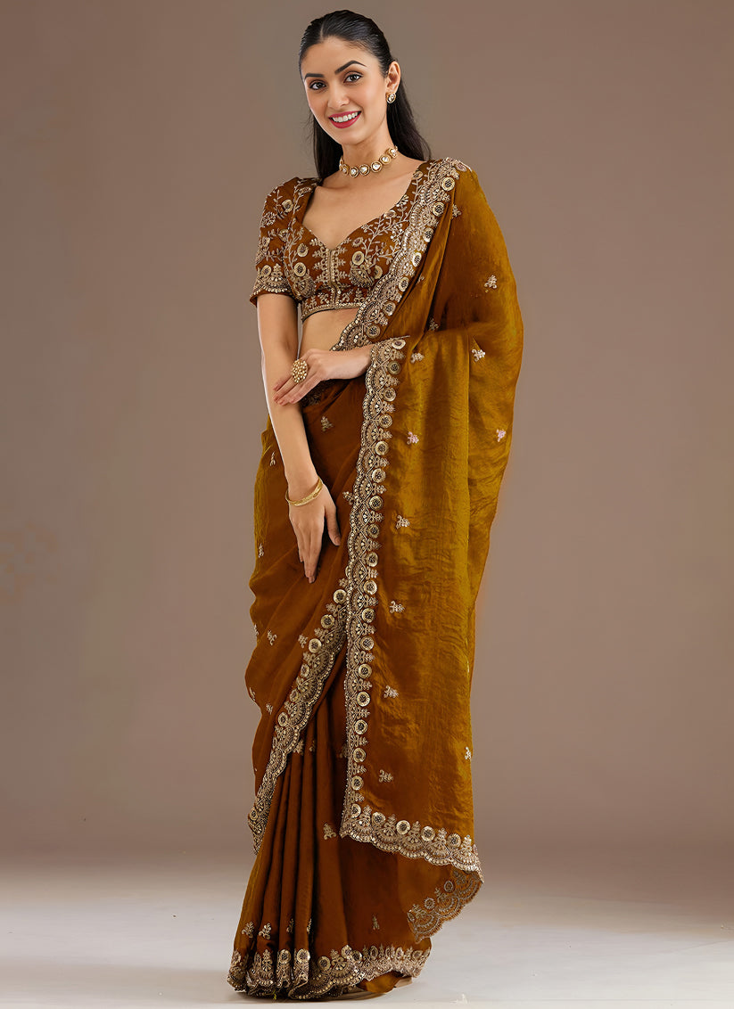 Mustard  Designer Tissue Saree with Embroidery and Sequin Work