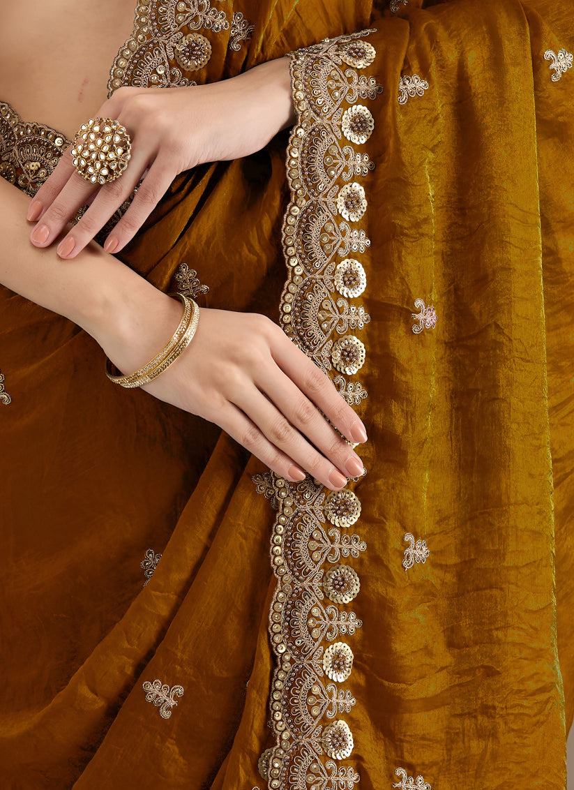 Mustard  Designer Tissue Saree with Embroidery and Sequin Work