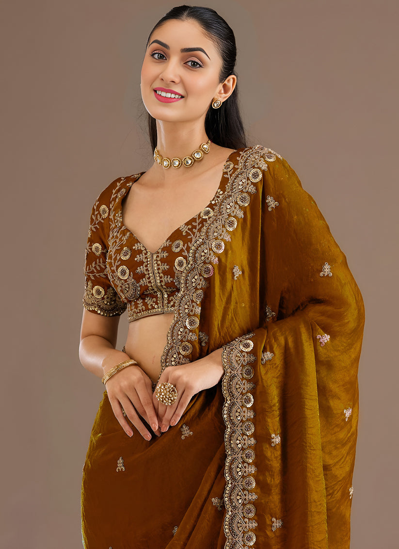 Mustard  Designer Tissue Saree with Embroidery and Sequin Work
