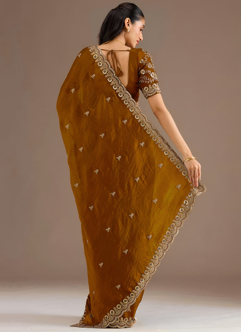 Mustard  Designer Tissue Saree with Embroidery and Sequin Work