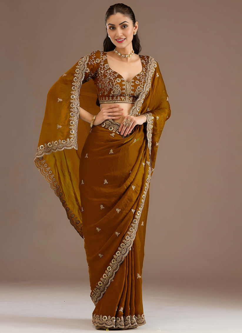 Mustard  Designer Tissue Saree with Embroidery and Sequin Work
