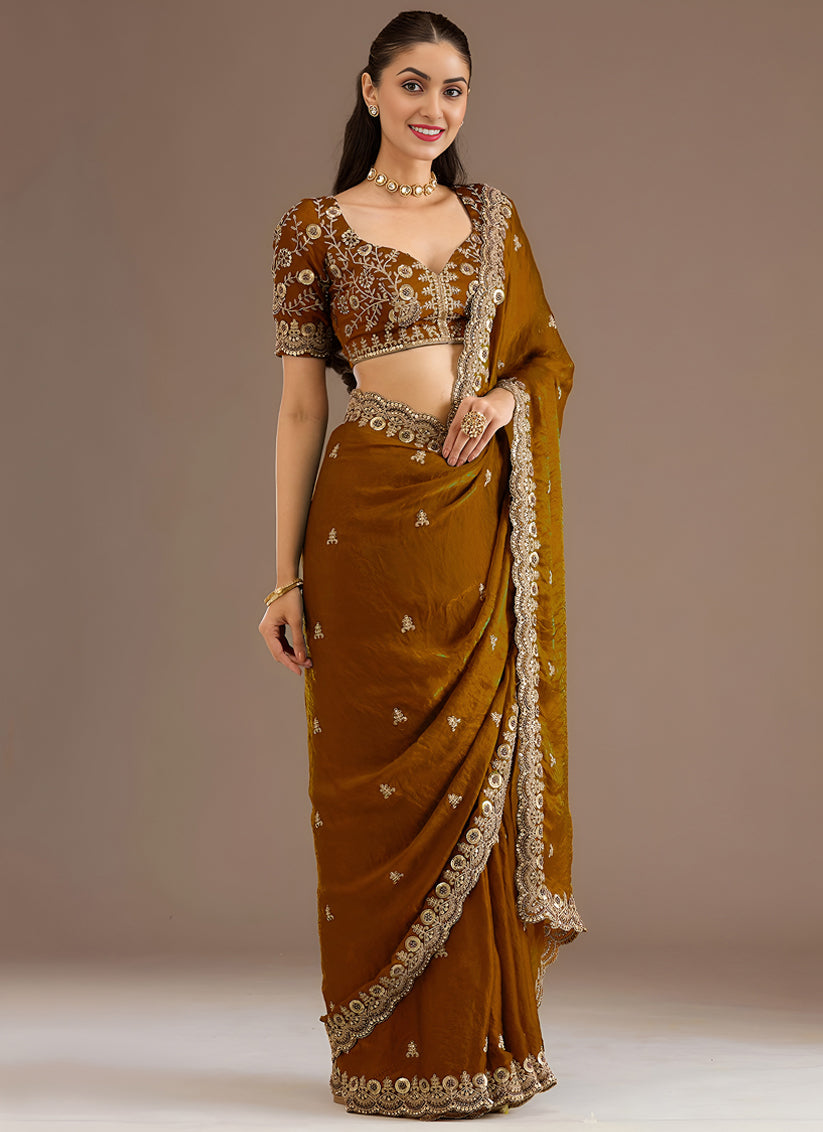 Mustard  Designer Tissue Saree with Embroidery and Sequin Work