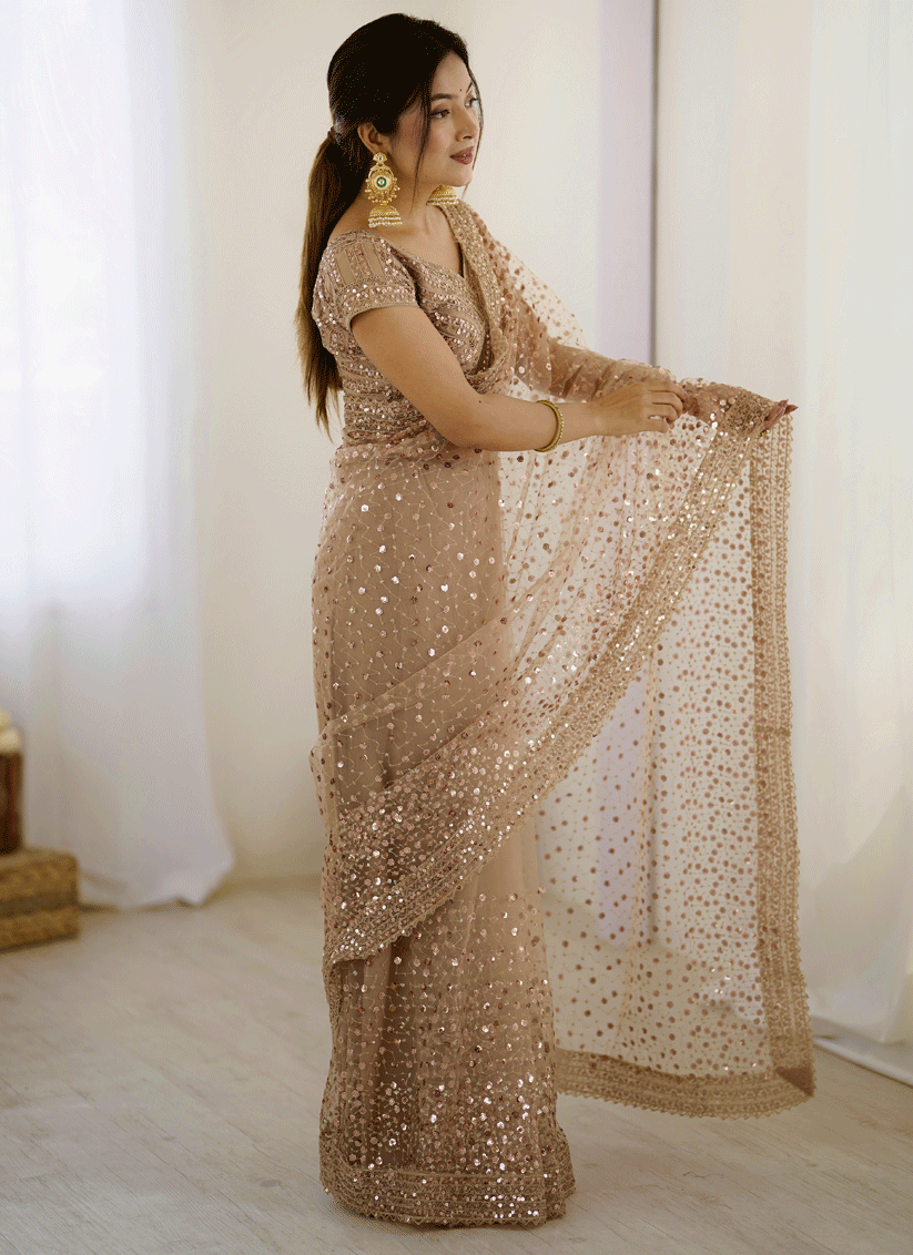 Stunning Golden Sequin Net Party Wear Saree with Blouse