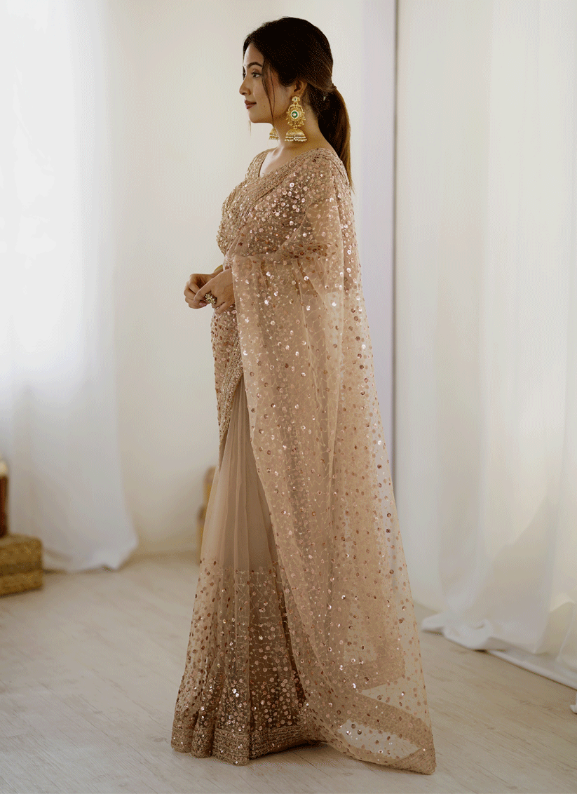 Stunning Golden Sequin Net Party Wear Saree with Blouse