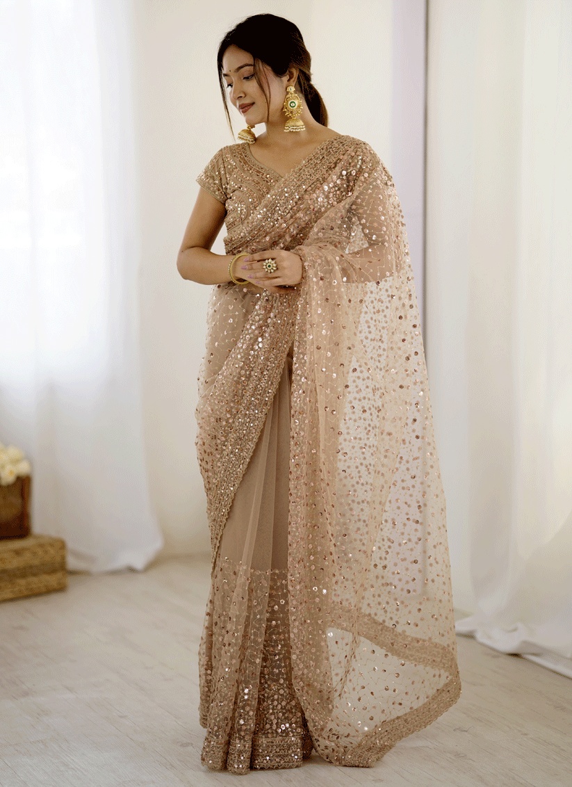 Stunning Golden Sequin Net Party Wear Saree with Blouse