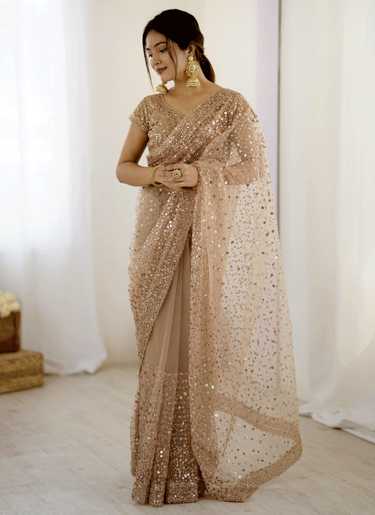 Stunning Golden Sequin Net Party Wear Saree with Blouse