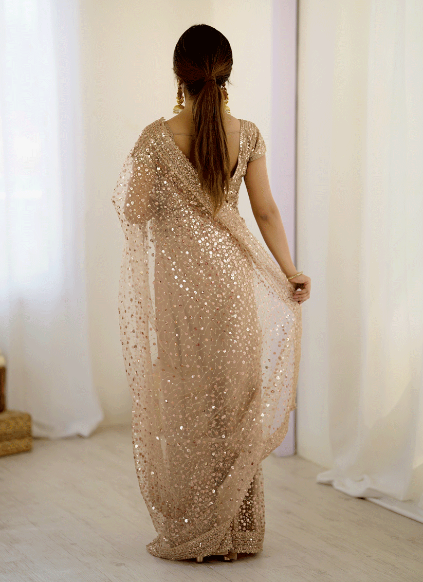Stunning Golden Sequin Net Party Wear Saree with Blouse