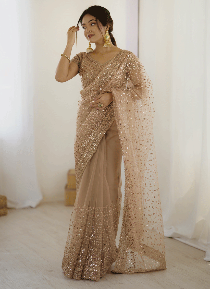 Stunning Golden Sequin Net Party Wear Saree with Blouse