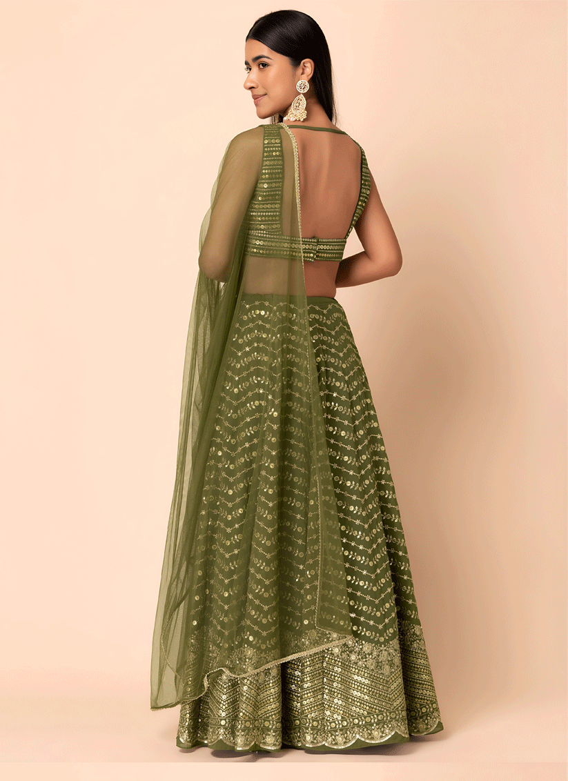 Olive Green Ethnic Embroidered Georgette Lehenga Choli for Special Occasions