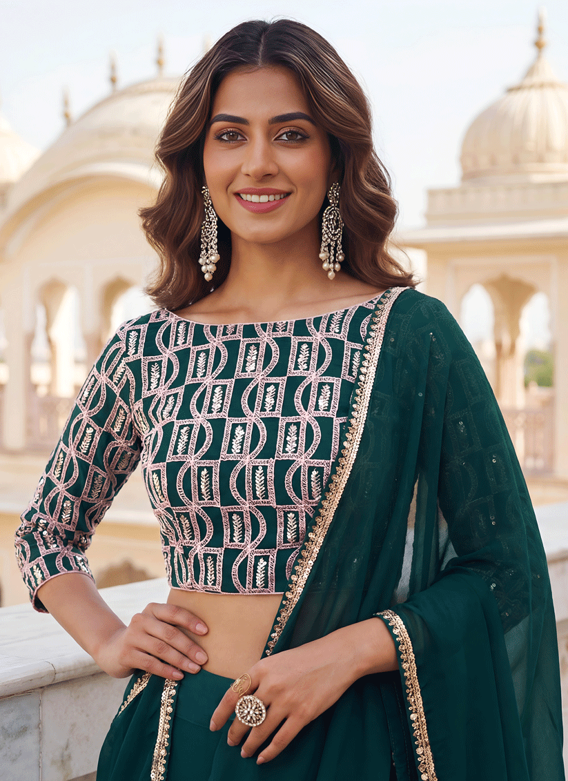 Emerald Green Georgette Lehenga Choli with Classic Traditional Work