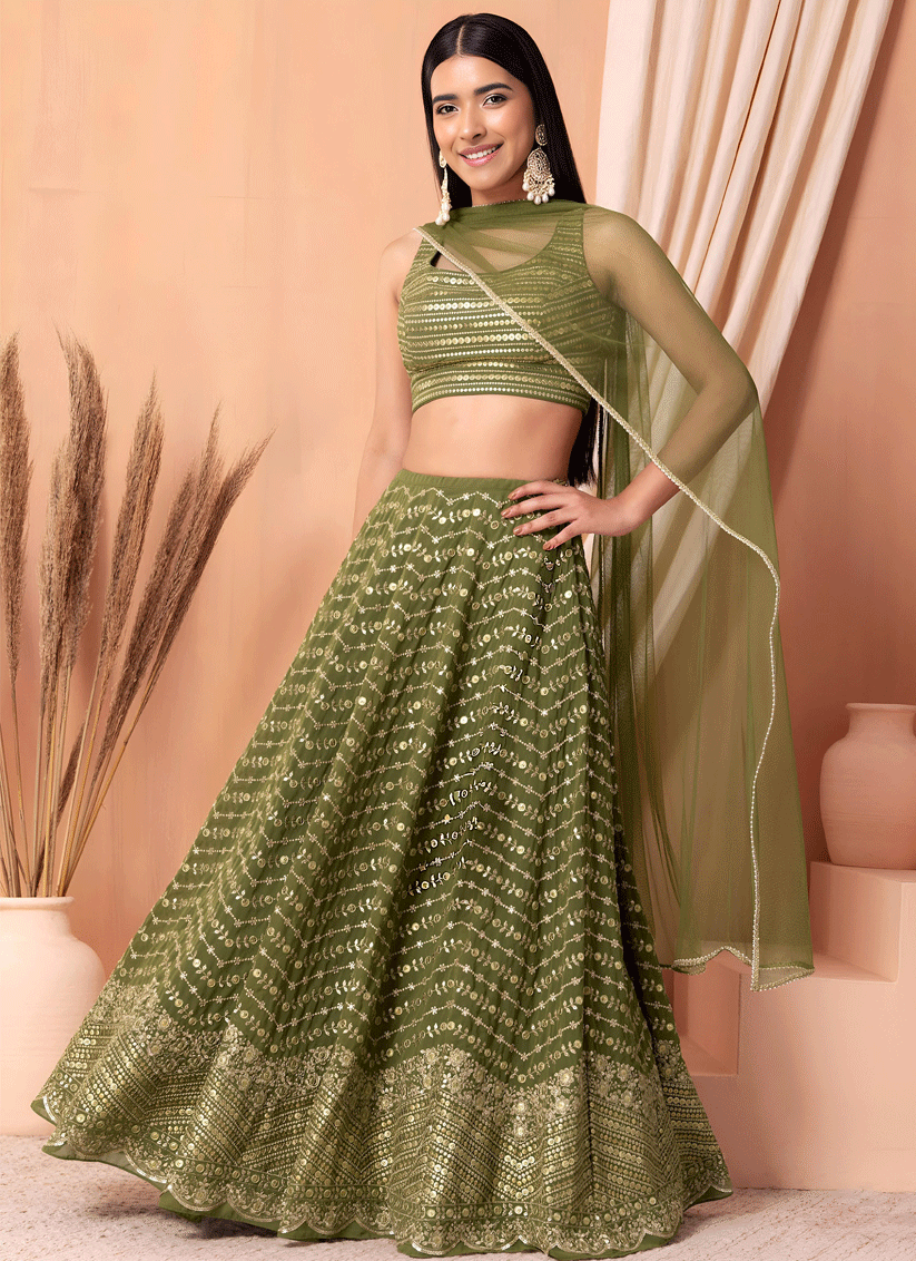 Olive Green Ethnic Embroidered Georgette Lehenga Choli for Special Occasions