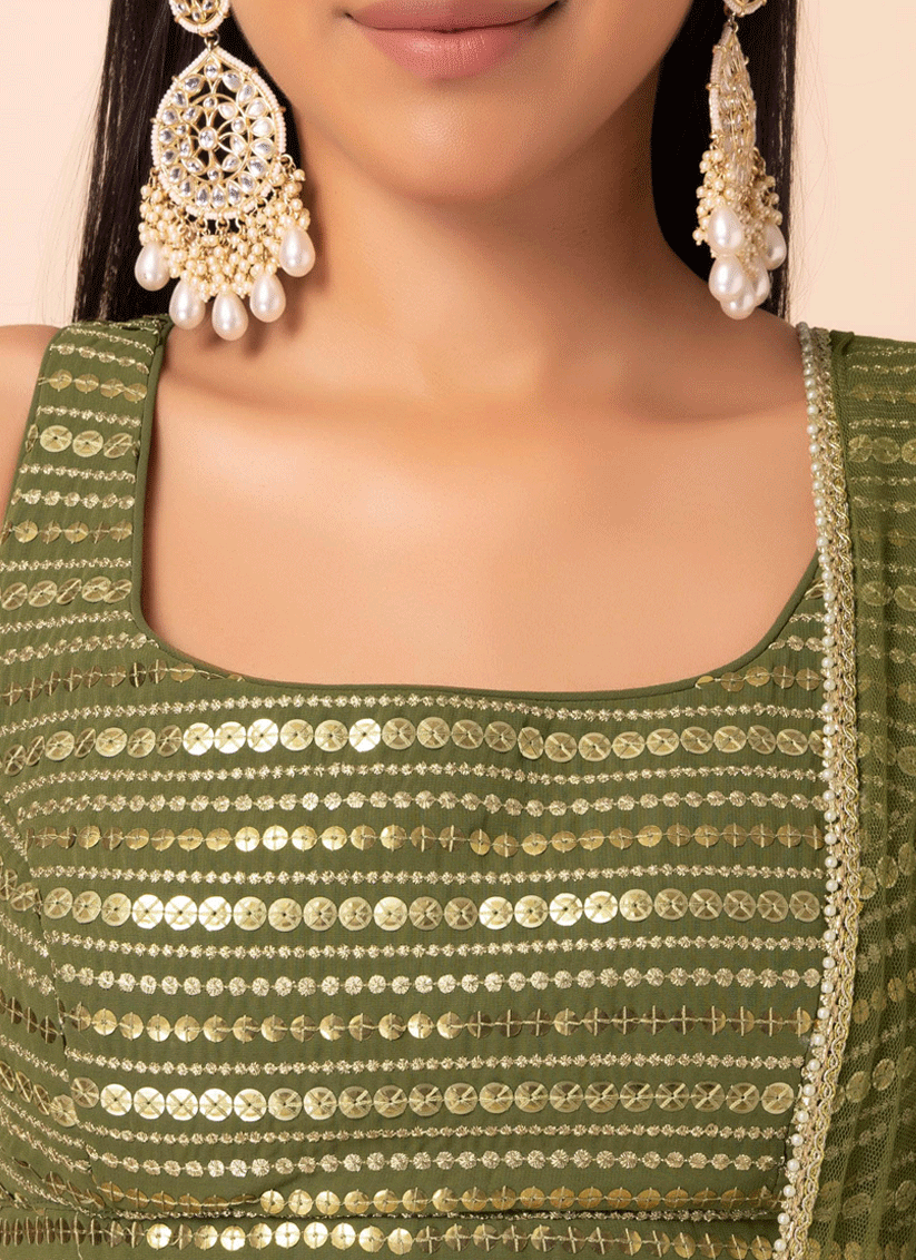 Olive Green Ethnic Embroidered Georgette Lehenga Choli for Special Occasions