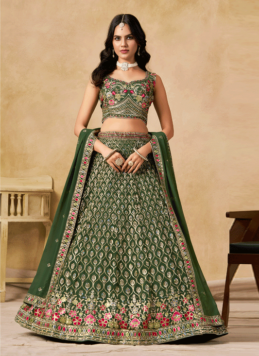 Elegant Green Georgette Lehenga Choli with Sequins & Thread Embroidery