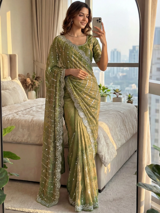 Chic Olive Green Beadwork Satin Mehendi Saree with Blouse