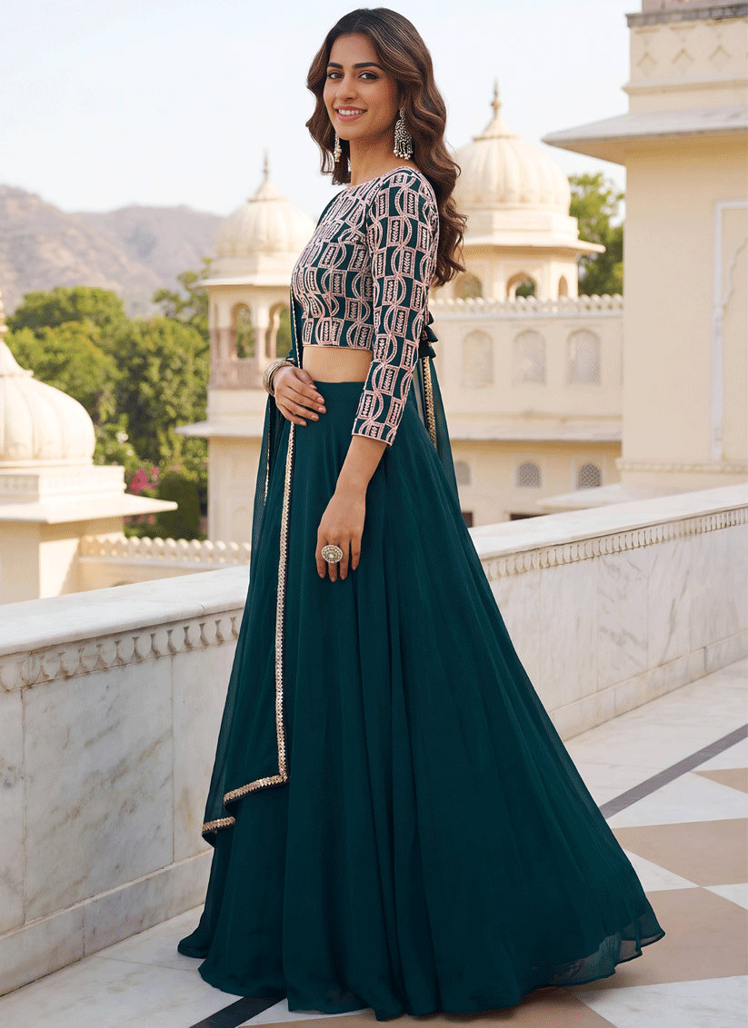 Emerald Green Georgette Lehenga Choli with Classic Traditional Work
