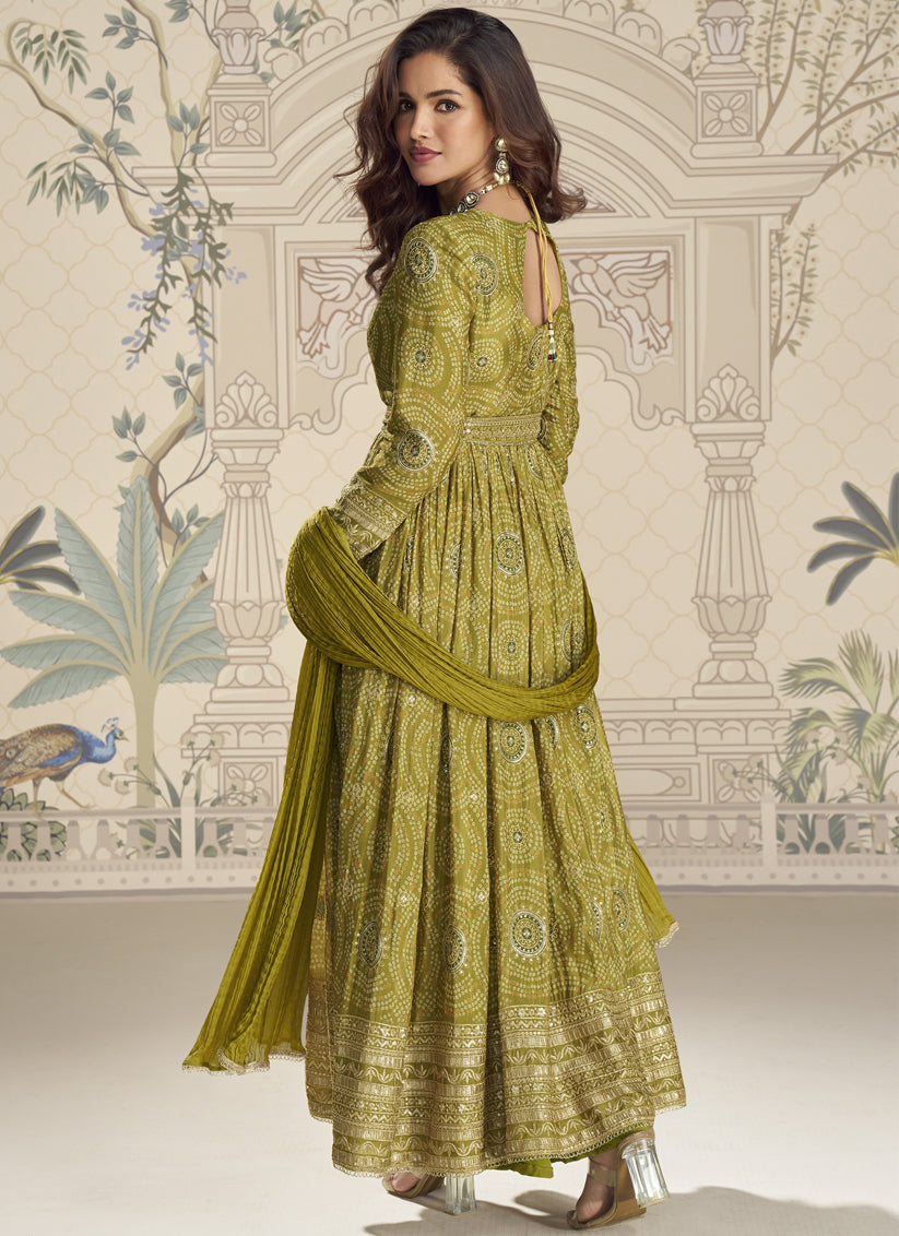 Mehendi Green Premium Chinon Silk Long Front-Cut Anarkali Suit – Elegant Festive & Occasion Wear