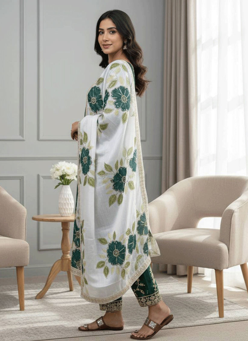 Stunning Green  Embroidered Top and Palazzo with Matching Dupatta