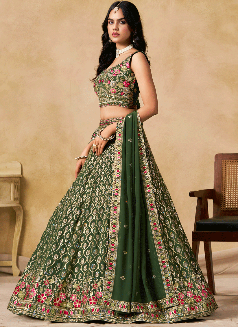 Elegant Green Georgette Lehenga Choli with Sequins & Thread Embroidery