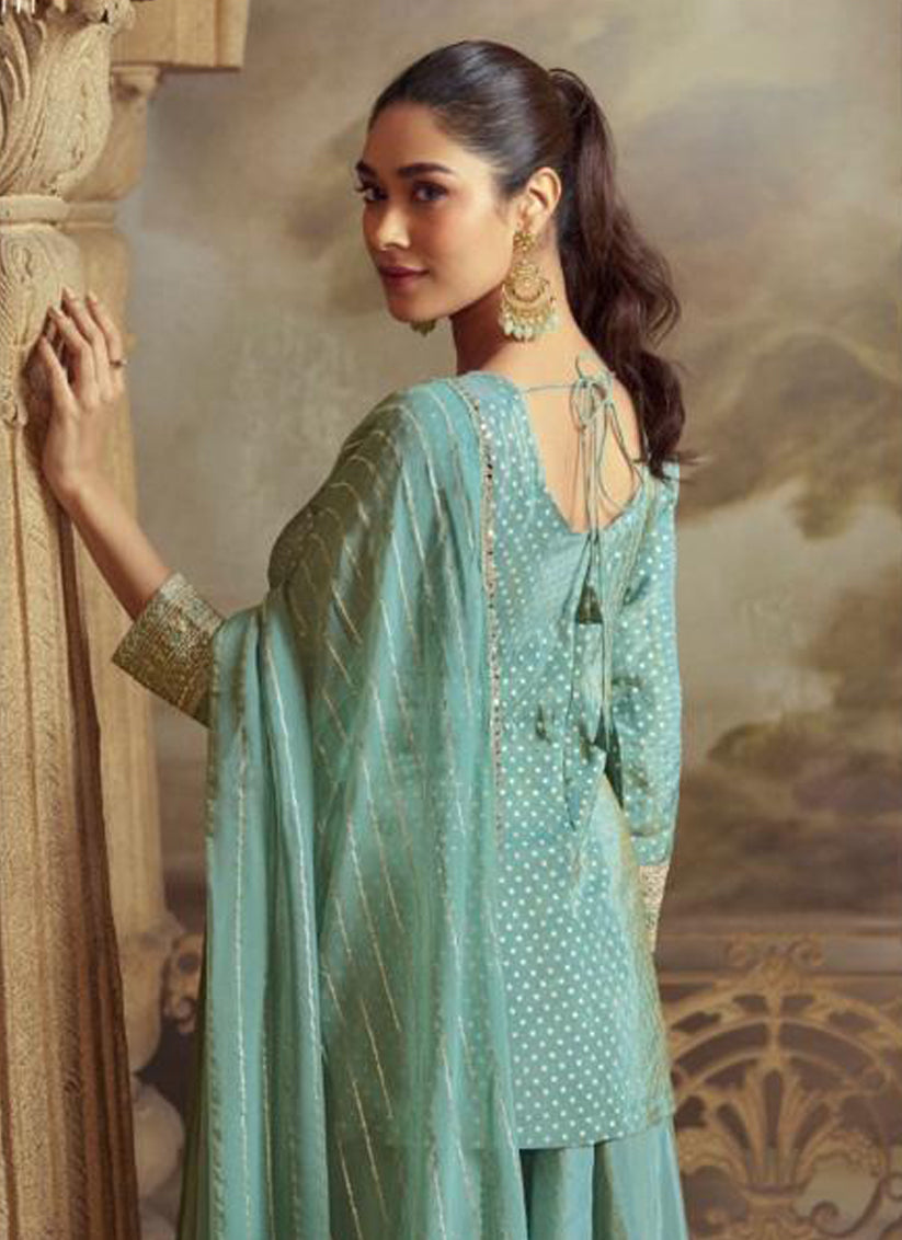 Sage Green Georgette Embroidered Designer Plazzo Suit