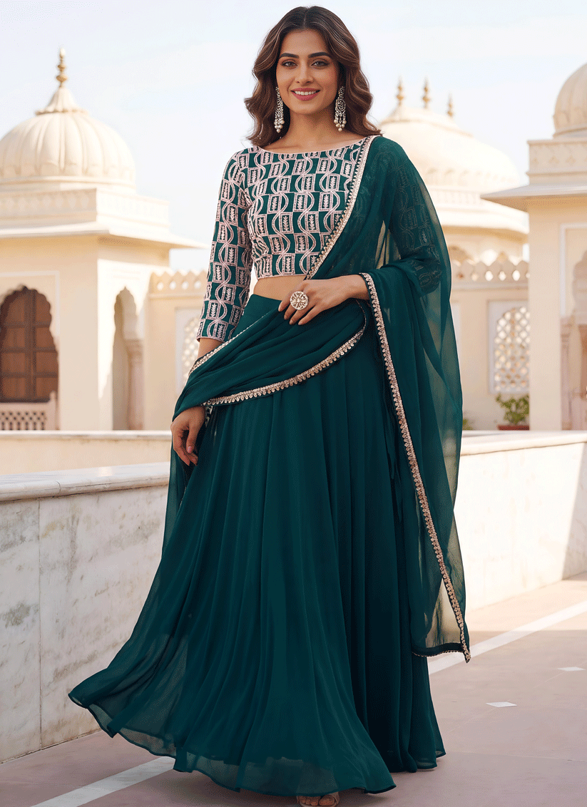 Emerald Green Georgette Lehenga Choli with Classic Traditional Work