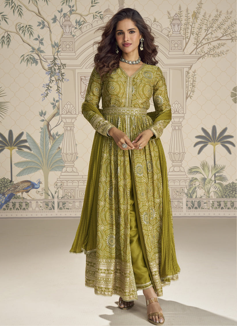Mehendi Green Premium Chinon Silk Long Front-Cut Anarkali Suit – Elegant Festive & Occasion Wear