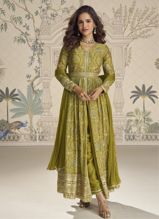 Mehendi Green Premium Chinon Silk Long Front-Cut Anarkali Suit – Elegant Festive & Occasion Wear