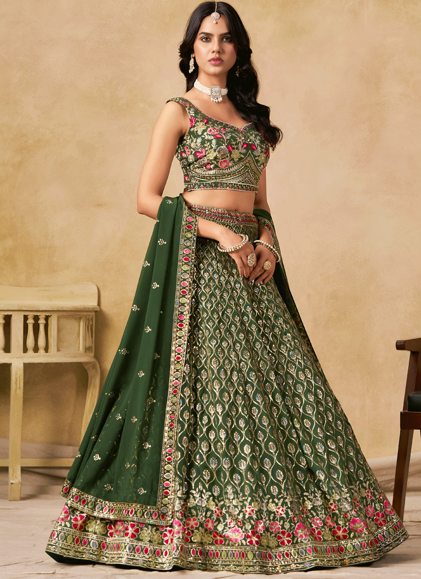 Elegant Green Georgette Lehenga Choli with Sequins & Thread Embroidery